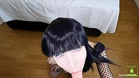 hinata sucks and fucks herself hard with big toy then gets creampie