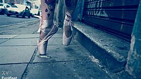 Ballerina wears ballet shoes while walking down the street