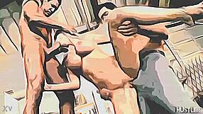 the blonde girl with big tits gives a blowjob in a threesome group scene