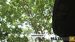 mature4k brunette on high heels seduced a young 18+ guy in the woods and fucked in public