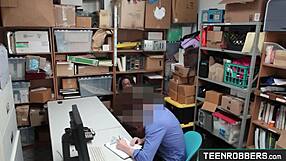 Teen robbers sneak into office guard fucks young ebony shoplifter