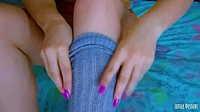 Teeny Babe's Glass Dildo Teasing Her Shaved Pussy and Painted Toes – Wet and Wild?