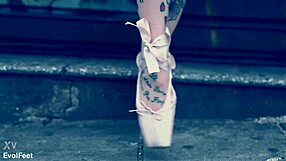 Ballerina wears ballet shoes while walking down the street