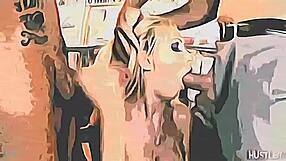 the blonde girl with big tits gives a blowjob in a threesome group scene