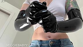 Long black latex glove femdom cage tease for my pet