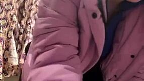 Amateur teen with big tits gives deepthroat blowjob outdoors in public