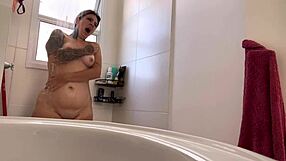 Neighbor watches me spread wet pussy in bathroom, moaning as he jerks off to climax