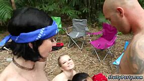 asian teen in fishnets masturbates at party before getting destroyed by monster cock. in 4some handjob