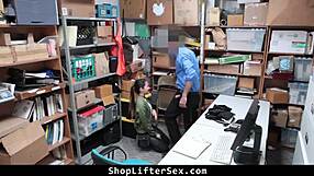 Shoplifter teen gets caught by lp officer in office and punished with rough doggystyle blowjob in garage