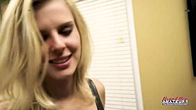 Petite blonde myaa fingered during footjob