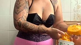 Making dinner for husband's friend, knowing I'll flash my big pussy lips?