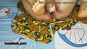 Bold housekeeper fucks with big dildo on bed