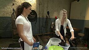 Shemale fucks blond in black stockings!