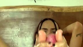 This Colombian latina whore gives an oily footjob with her toes while getting choked and deepthroated