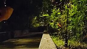 Shemale ting xuan pees outdoors and removes underwear for masturbation in the park