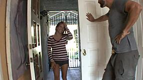 Redheaded coed visits older neighbor for casual chat