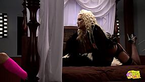 A gorgeous pair of blonde lesbian babes has the best midnight fuck in the world with heels stockings and licking