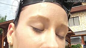 Hungarian babe gives hot blowjob by pool with big cock