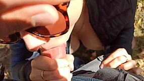 Amateur performs public blowjob and fingering, receiving cum on big tits in close up