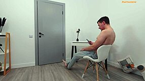 Nerdy blonde Anna bent over, fucked by Max in various positions, ending with facial