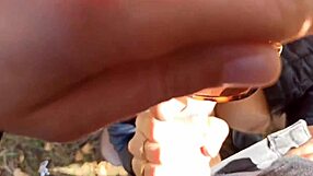 Amateur performs public blowjob and fingering, receiving cum on big tits in close up