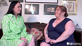two busty chubby british lesbians dive into fingering and licking on the bed in oldnanny scene.