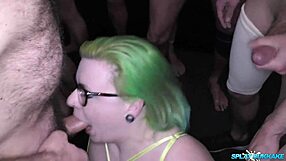 Lusty inked slut Isabel Dean contrasts with Louise Lee by taking multiple bukkake facials