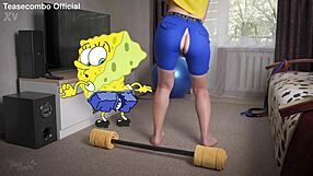 Spongebob ripped pants in live-action remake at gym.