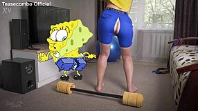 Spongebob ripped pants in live-action remake at gym.