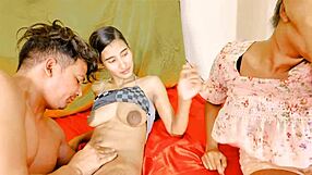 Petite teen 18+ gets her tight wet pussy licked and fucked in a quickie ffm session