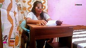 Indian student interacts with milf teacher on table