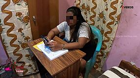 Indian student interacts with milf teacher on table