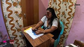 Indian student interacts with milf teacher on table