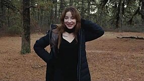 Two perverts crawl with bubble butt milf in forest.