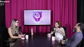 Naughty blonde and hot redhead get naked for tantric massage by Reh Queen in sheer red.