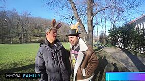 Easter bunny characters katy and mia join a fun egg hunt adventure