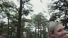 Two perverts crawl with bubble butt milf in forest.