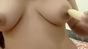 banana slides into arab girl's both holes for fun anal play