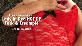 Whoa, granny carmen angels in red lingerie takes double penetration fuck with hardcore missionary creampie action