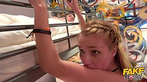 ovulating young wife takes a creampie in the fake hostel while her husband rests in the top bunk.