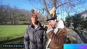 Easter bunny characters katy and mia join a fun egg hunt adventure