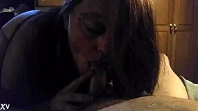 Slut wife performs detailed blowjob on daddy's cock while sucking tits.