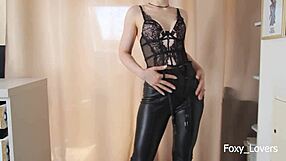 Sexy housewife in leather makes me cum intensely on her pants