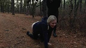 Two perverts crawl with bubble butt milf in forest.