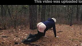 Two perverts crawl with bubble butt milf in forest.