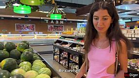 Beautiful Brunette Teen Performs Outdoor Blowjob in Supermarket Leading to Facial Cumshot