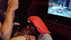 Gamer receives deep blowjob with ball licking until swallowing cum load