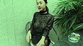 Young girl smokes topless in leather skirt and heels outdoors!