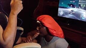 Gamer receives deep blowjob with ball licking until swallowing cum load