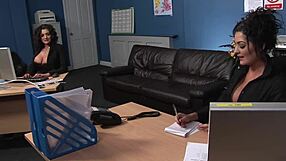 busty twin secretaries resolve office conflict with two guys